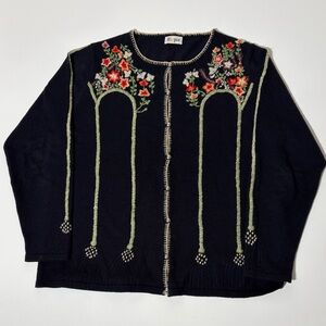 Hippie Embroidered Floral Cardigan Wool Cotton Boho Sweater Navy